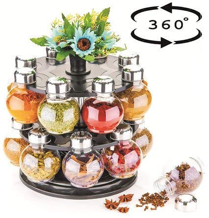 Battlane Multipurpose Revolving Spice Rack 16 Jar Condiment Set - Metallic Siver Finish