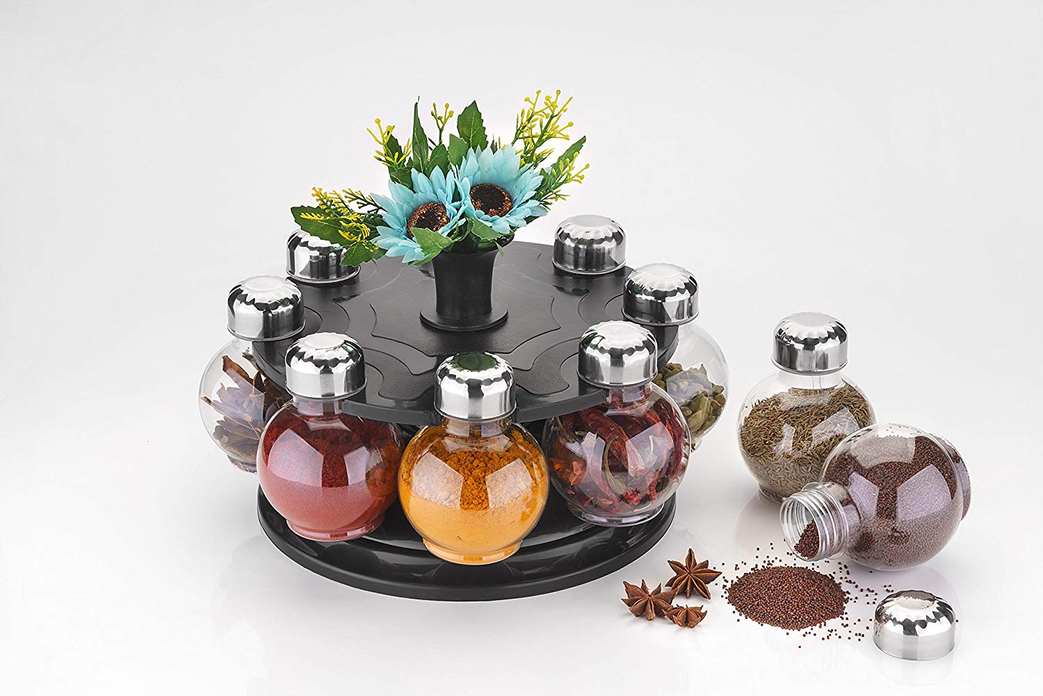 Battlane Multipurpose Revolving Spice Rack 8 Jar Condiment Set - Metallic Siver Finish