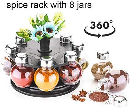 Battlane Multipurpose Revolving Spice Rack 8 Jar Condiment Set - Metallic Siver Finish