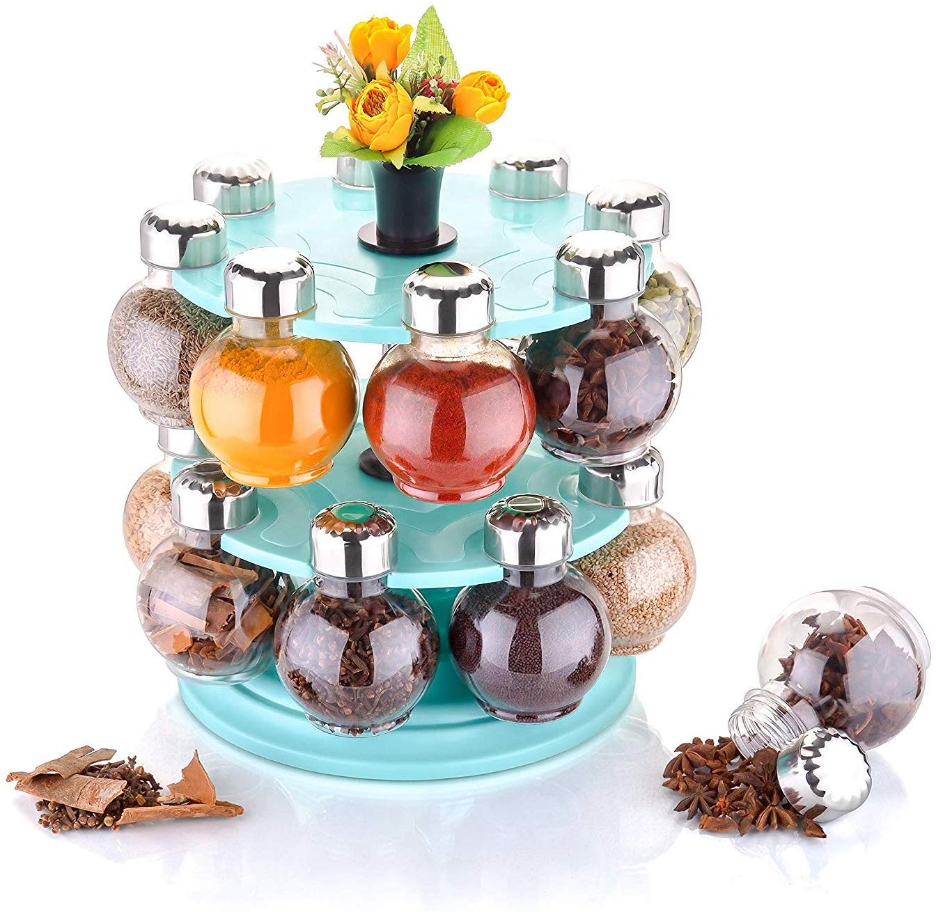 Battlane Revolving Spice Rack Round Shape Transparent Jar (Pack of 16) Sky Blue