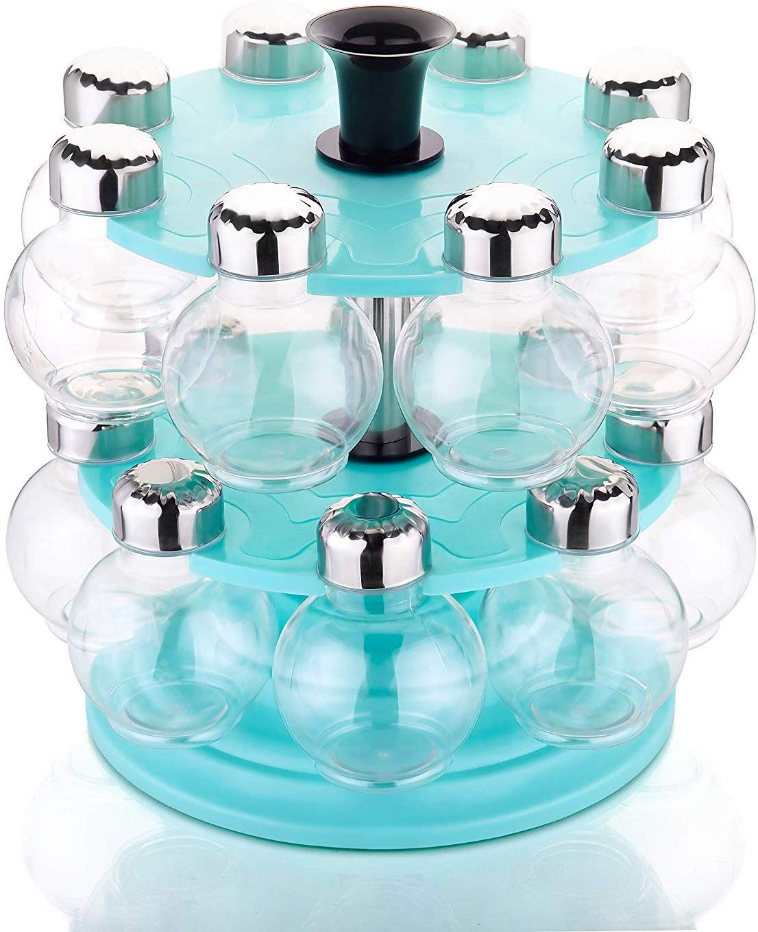 Battlane Revolving Spice Rack Round Shape Transparent Jar (Pack of 16) Sky Blue