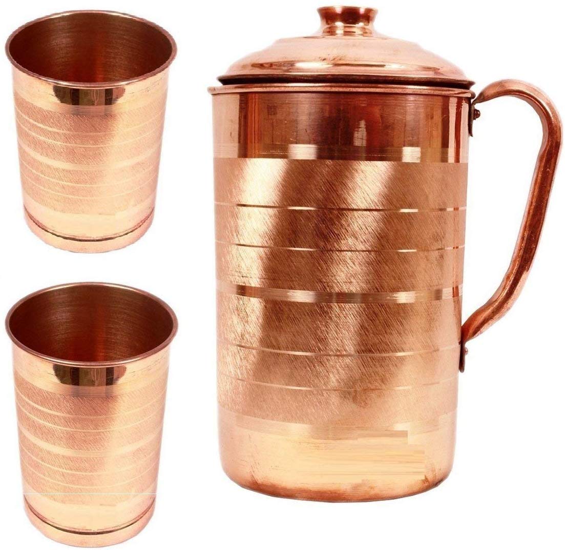 Battlane Copper Jug with 2 Glass (1500Ml of Jug, 350ML of Each Glass)