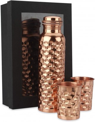 Battlane Hammered Copper Water Bottle with Set of 2 Glass