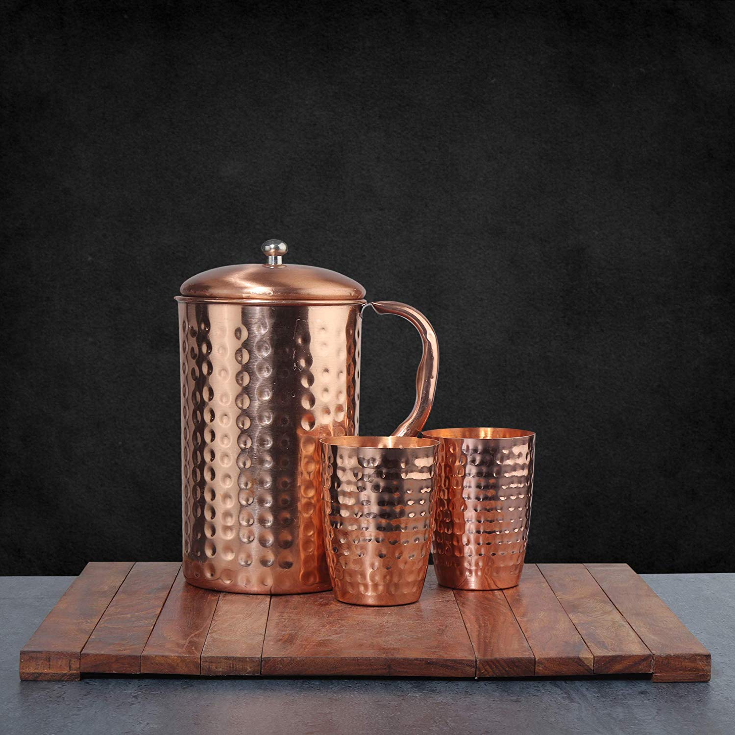 Battlane Copper Hammered Jug with Glass Set