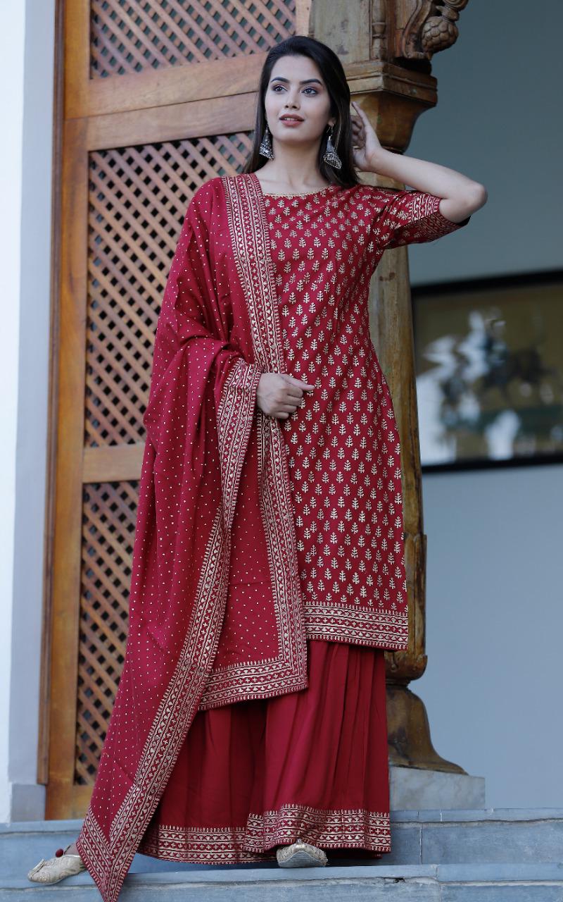 Women Maroon & Printed Kurta with Palazzos & Dupatta