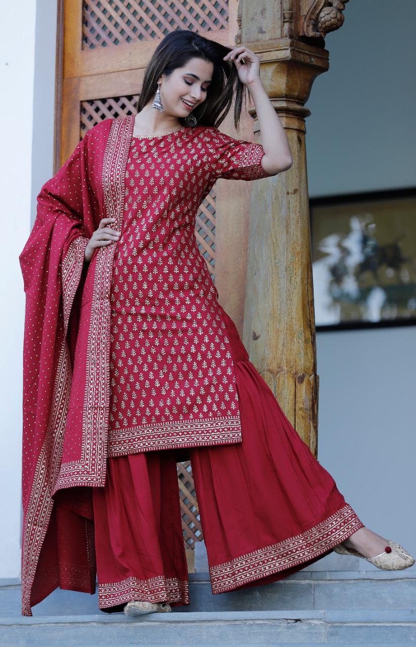 Women Maroon & Printed Kurta with Palazzos & Dupatta