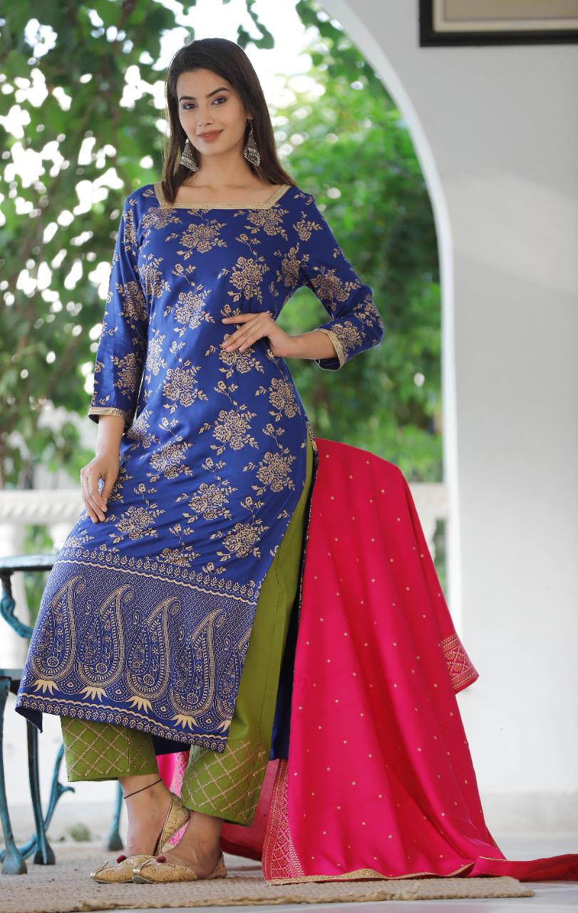 Women Blue & Green Solid Kurta with Trousers & Magenta Dupatta