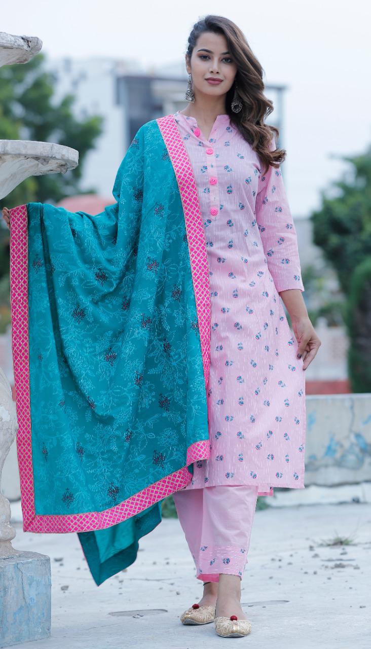 Women Pink & Green Printed Kurta with Trouser & Dupatta