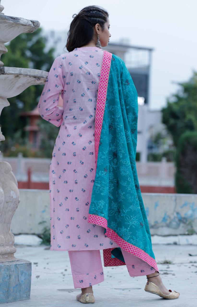 Women Pink & Green Printed Kurta with Trouser & Dupatta