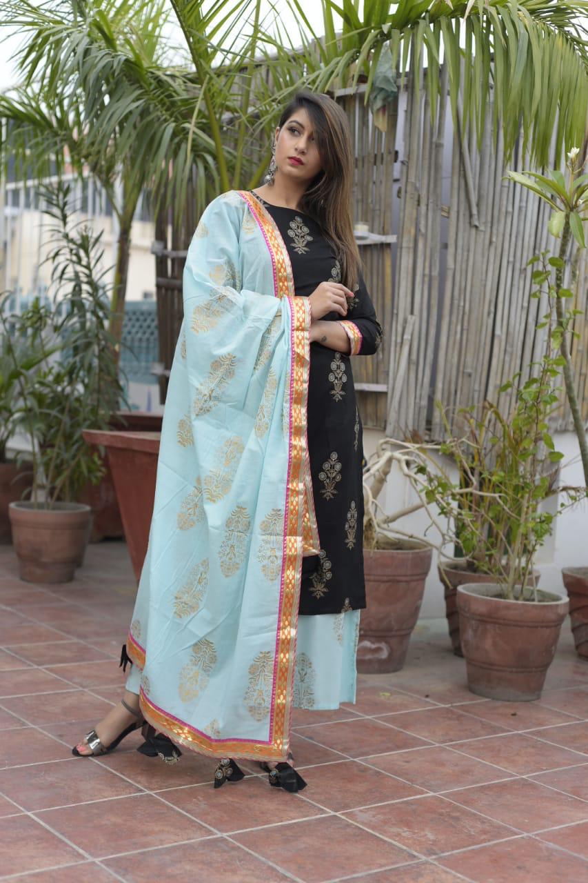 Women Black Printed Straight Kurta with Palazzo