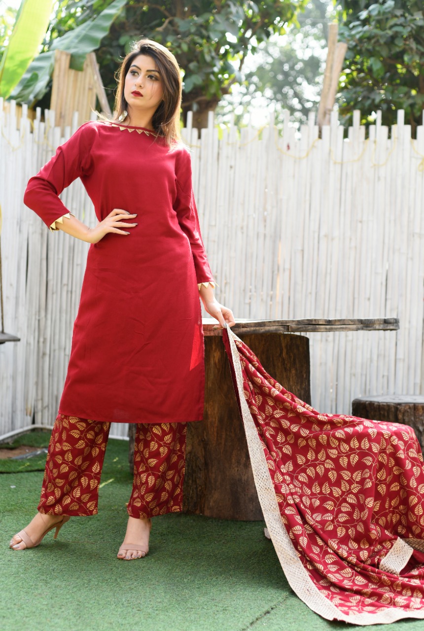 Women's Rayon Kurta with Printed Palazzo Pant Set